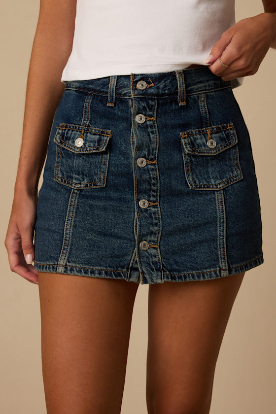 Button Front Dark Wash Mid-Rise Skort 3