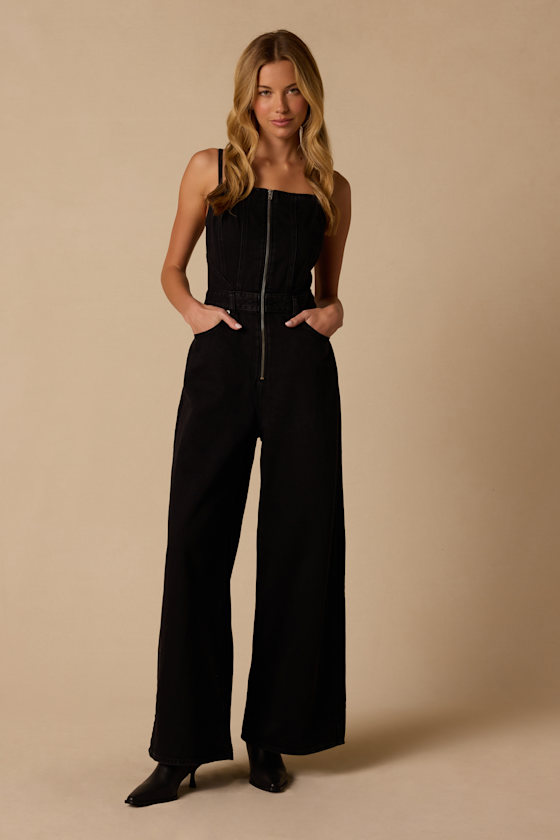 Lightweight Seamed Dark Wash Denim Jumpsuit 1