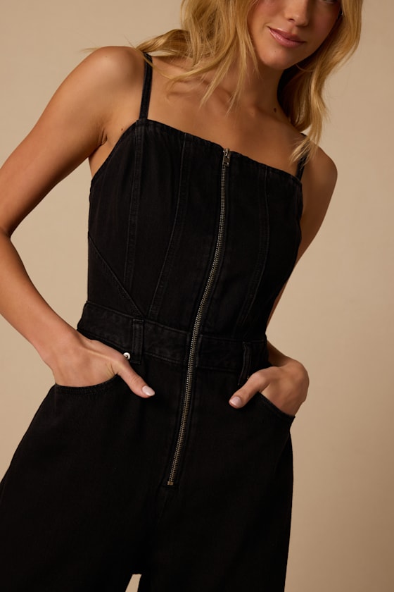 Lightweight Seamed Dark Wash Denim Jumpsuit - thumbnail 4
