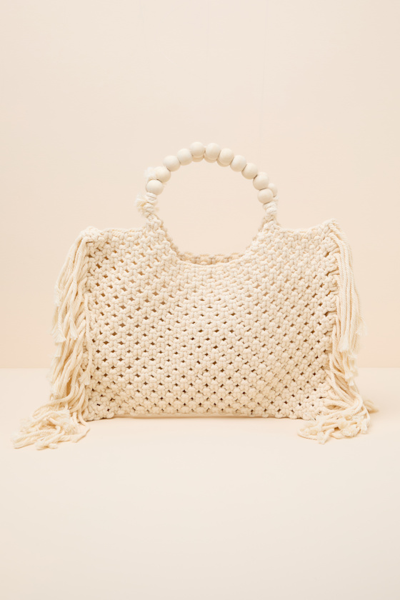 Stenny Ivory Woven Fringe Tote Bag 1