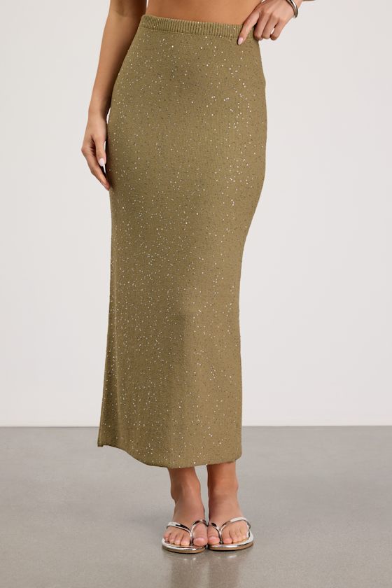 Yamina Olive Green Sequin Sweater Maxi Skirt 2