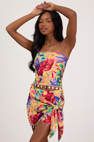 Kysa Yellow Multi Floral Strapless Crop Top 1