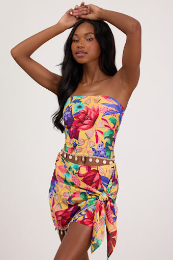 Kysa Yellow Multi Floral Strapless Crop Top 1