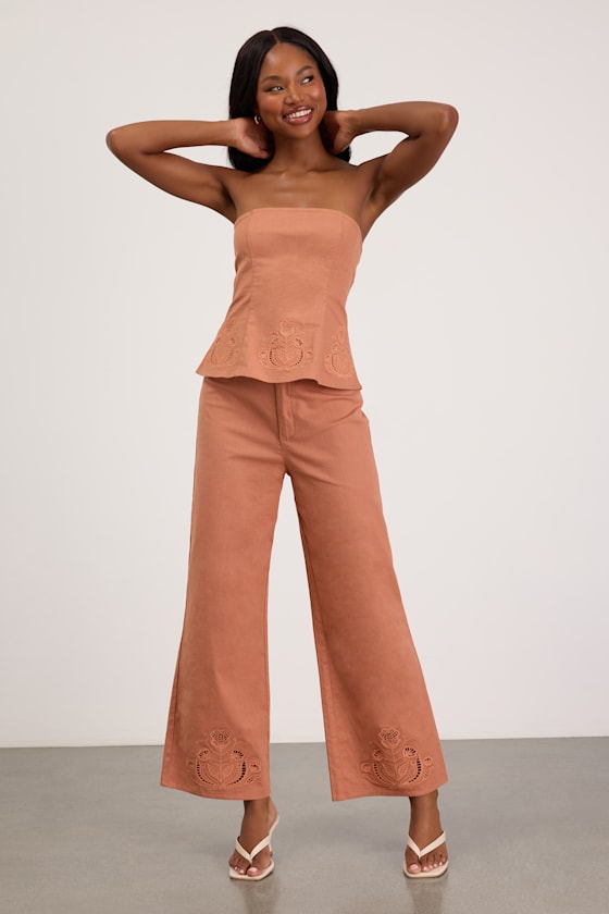 Tristen Terracotta Embroidered Wide-Leg Pants 1