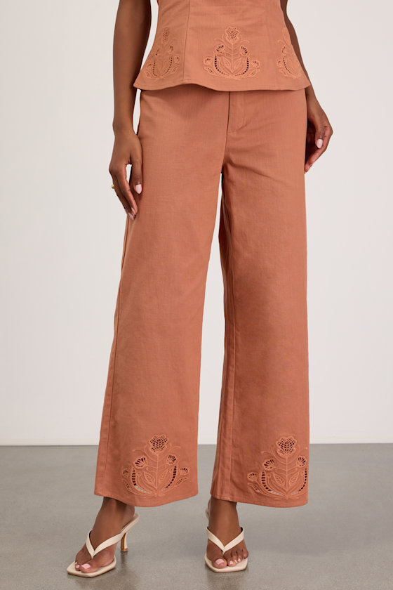 Tristen Terracotta Embroidered Wide-Leg Pants 2