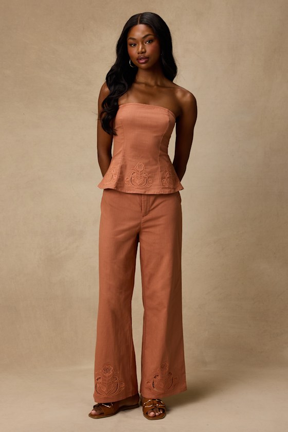 Tristen Terracotta Embroidered Wide-Leg Pants 2