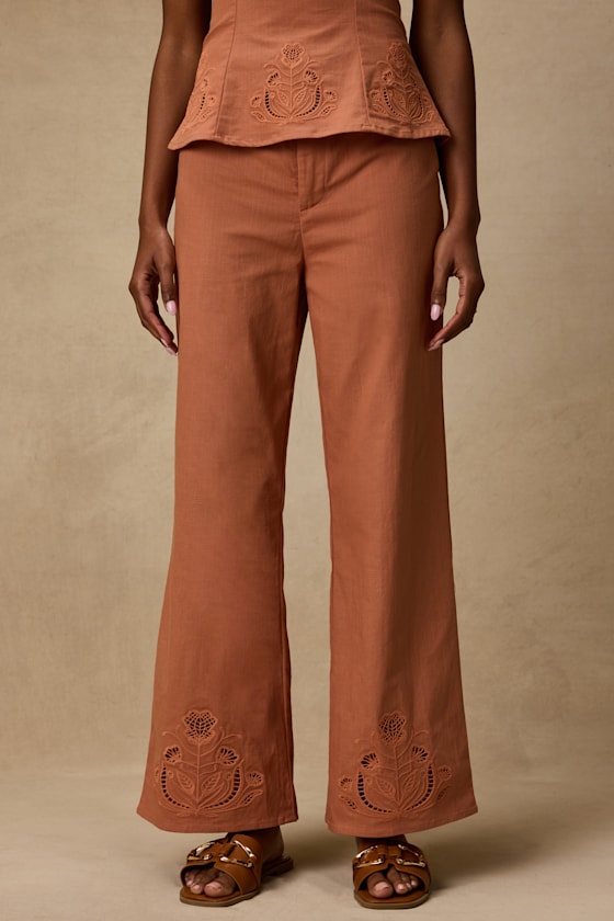 Tristen Terracotta Embroidered Wide-Leg Pants 3