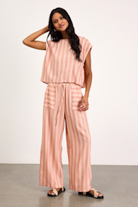 Dresa Light Pink Striped Cotton Wide-Leg Pants 1