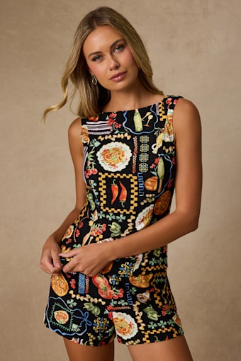 Ciao Bella Black Multi Convo Print Boat Neck Top 1