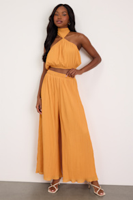 Nikaia Light Orange Plisse Wide-Leg Pants 1