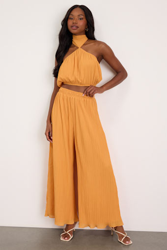 Nikaia Light Orange Plisse Wide-Leg Pants 1