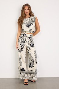 Gaia Ivory and Black Boho Print Wide-Leg Pants 1