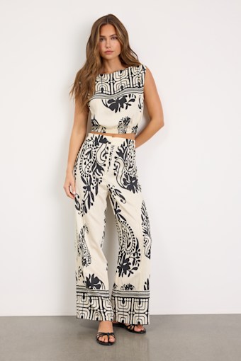 Gaia Ivory and Black Boho Print Wide-Leg Pants 1