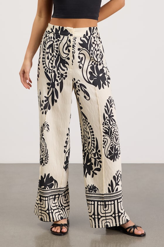Gaia Ivory and Black Boho Print Wide-Leg Pants 2