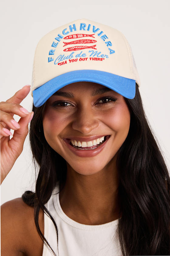 Lulus French Riviera Cream and Blue Mesh Trucker Hat