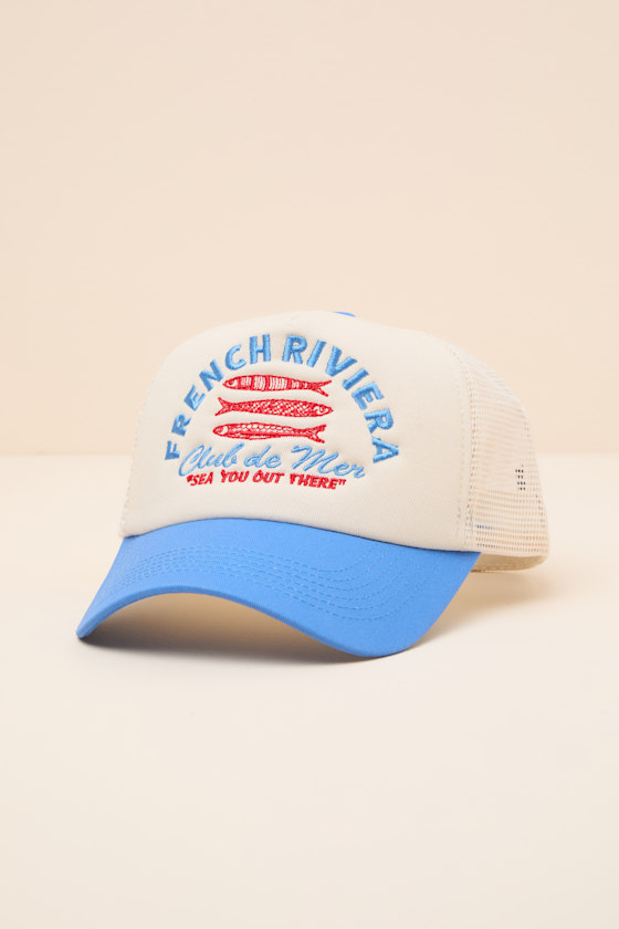 French Riviera Cream and Blue Mesh Trucker Hat - thumbnail 4