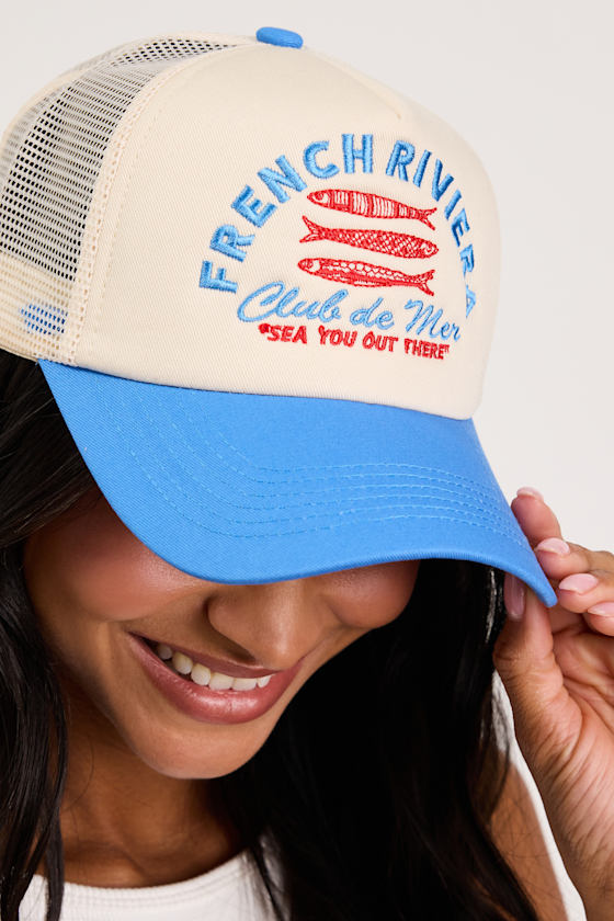French Riviera Cream and Blue Mesh Trucker Hat - thumbnail 3