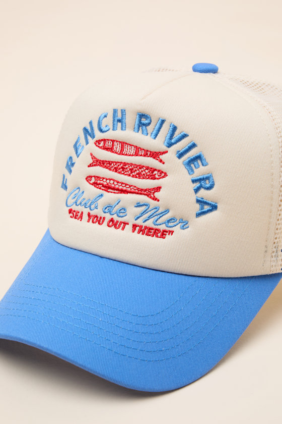 French Riviera Cream and Blue Mesh Trucker Hat 2
