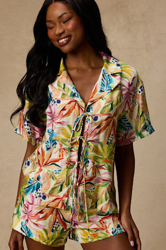 Talise Ivory Multi Tropical Print Tie-Front Collared Top 2