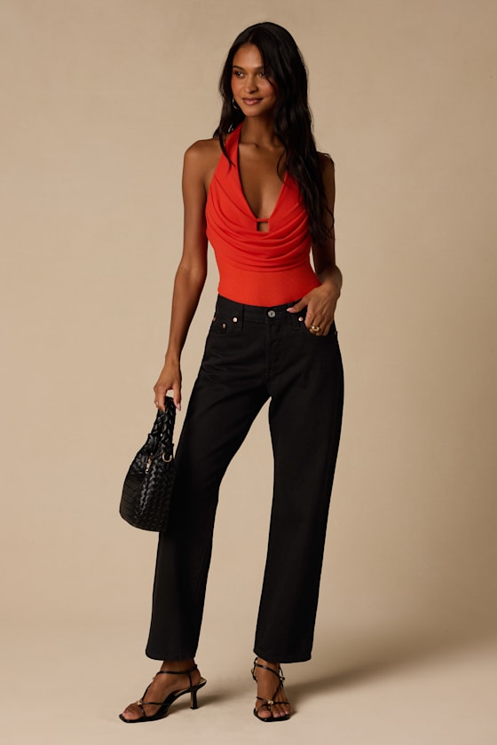 Dionne Bright Red Mesh Cowl Bodysuit - thumbnail 3