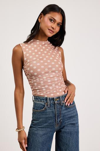 Kinsley Beige Polka Dot Mesh Mock Neck Tank Top 1