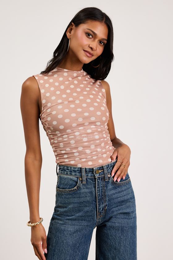 Kinsley Beige Polka Dot Mesh Mock Neck Tank Top 1