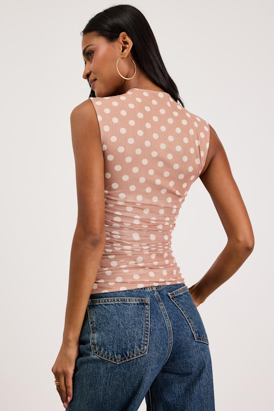 Kinsley Beige Polka Dot Mesh Mock Neck Tank Top 2