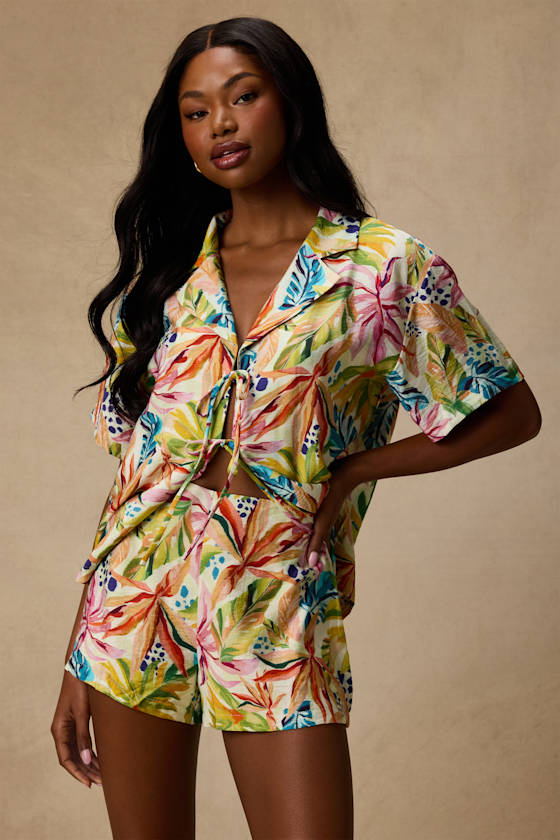 Talise Ivory Multi Tropical Print High-Rise Shorts 2