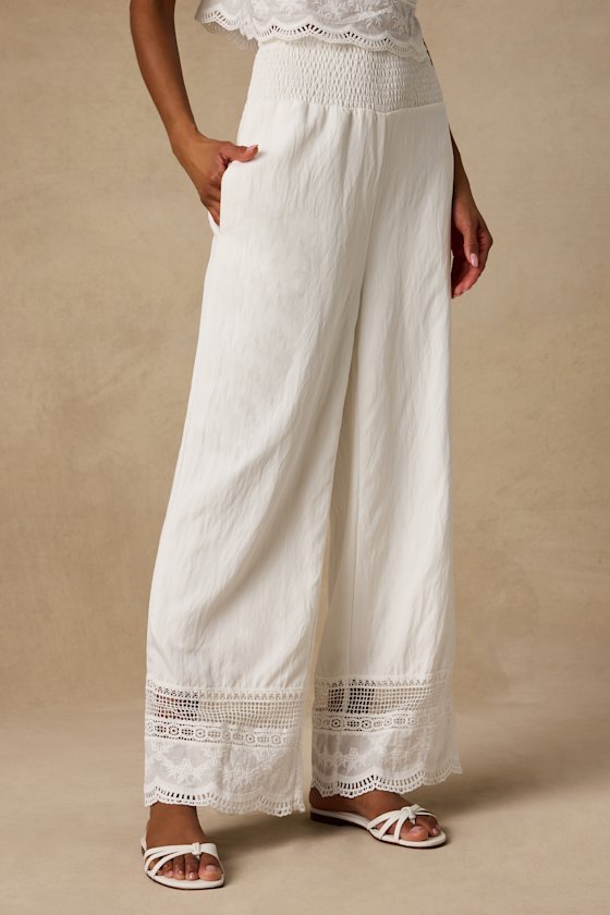 Parisa White Cotton Crochet Lace Wide-Leg Pants 2