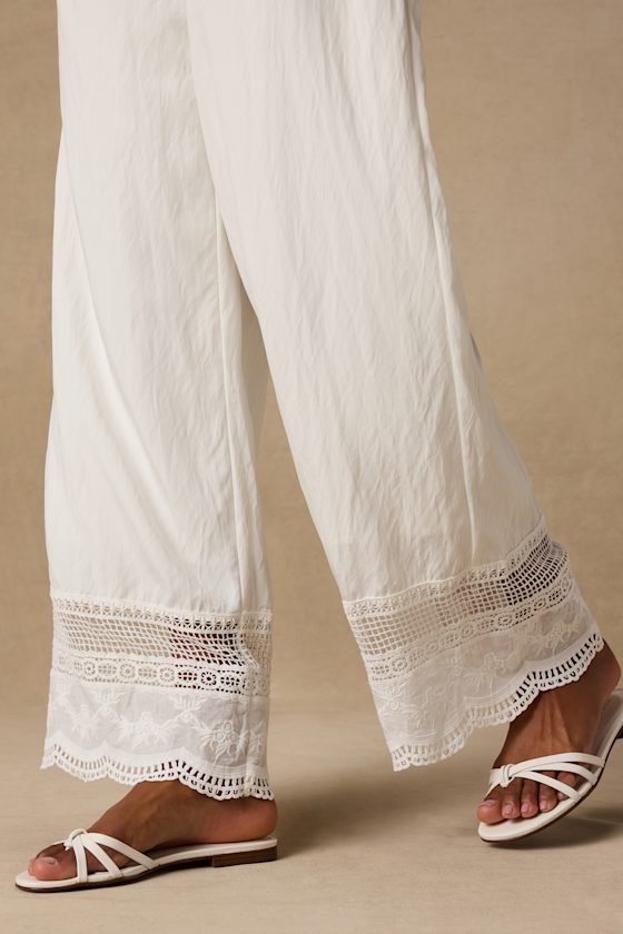 Parisa White Cotton Crochet Lace Wide-Leg Pants - thumbnail 4