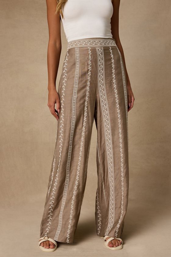 Tasia Taupe Embroidered Wide-Leg Pants 2