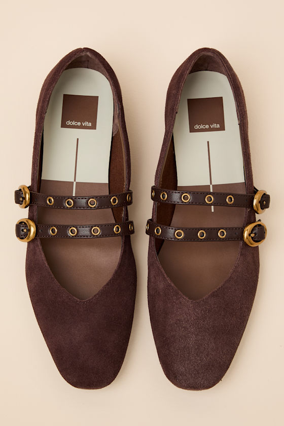 Ardene Mahogany Suede Leather Buckle Ballet Flats