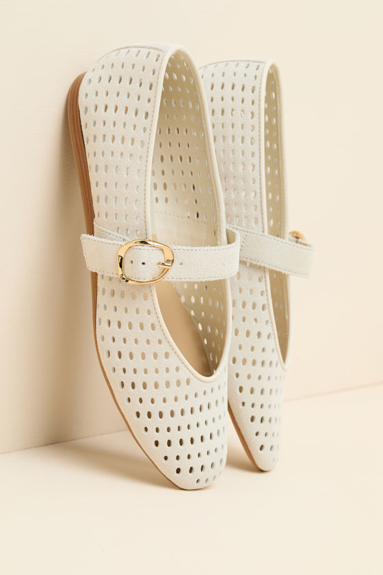 Baylee Cream Perforated Suede Buckle Ballet Flats 1