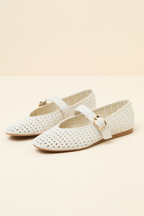 Baylee Cream Perforated Suede Buckle Ballet Flats - thumbnail 5