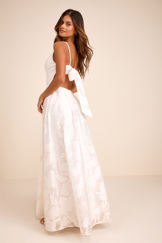 Perfected Aura White Jacquard Tie-Back Maxi Dress with Pockets 1