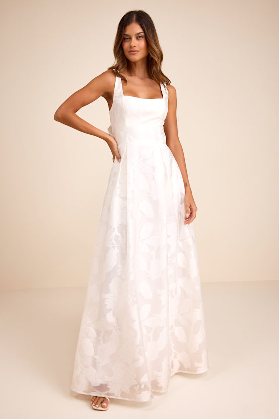 Image of Perfected Aura White Jacquard Tie-Back Maxi Dress with Pockets
