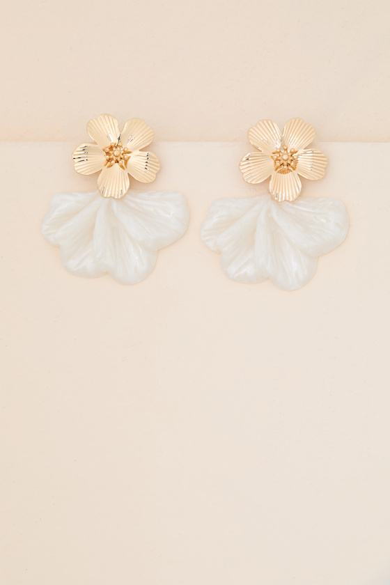 Ivory Acrylic Earrings - Gold Flower Earrings - Petal Earrings