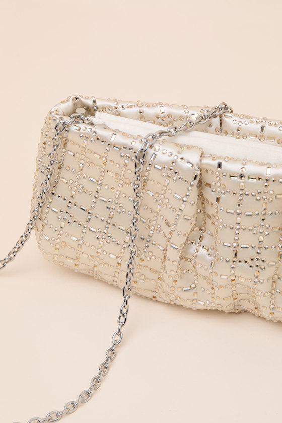 Blaney White Satin Rhinestone Crossbody Clutch - thumbnail 5
