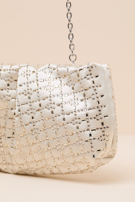 Blaney White Satin Rhinestone Crossbody Clutch - thumbnail 6