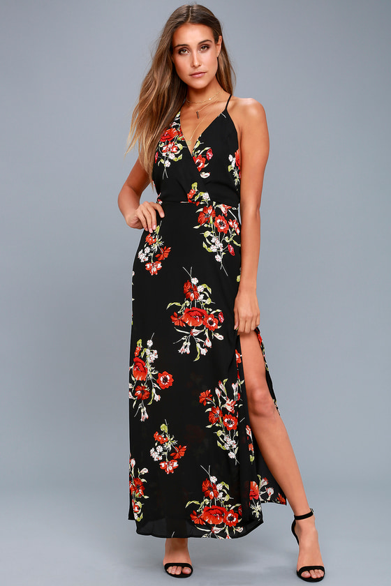 Chic Black Floral Print Dress - Maxi Dress - Surplice Dress - Lulus
