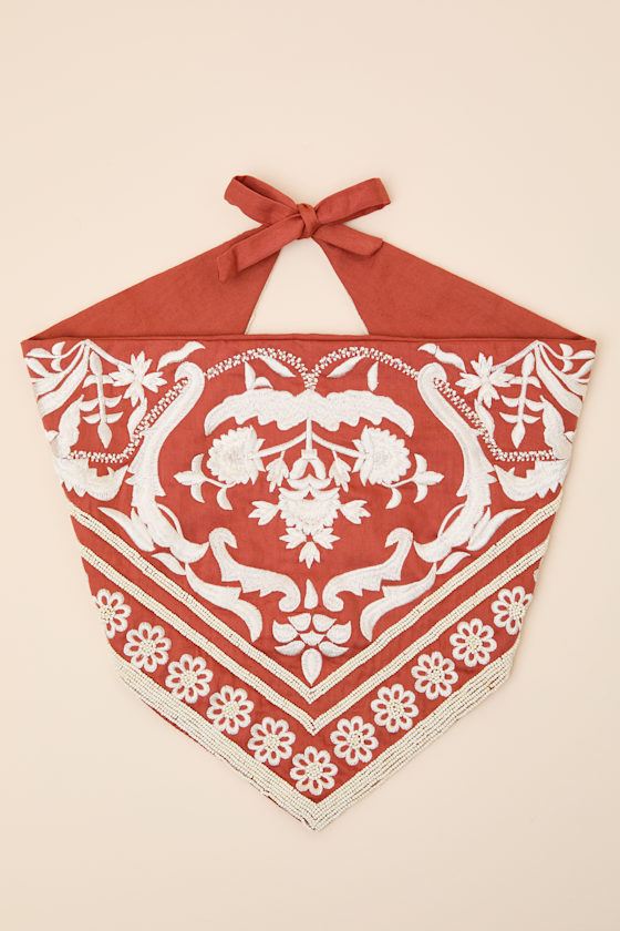 Kadina Burnt Orange Beaded Embroidered Head Scarf 1