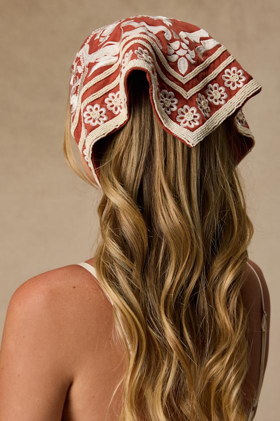 Kadina Burnt Orange Beaded Embroidered Head Scarf - thumbnail 3