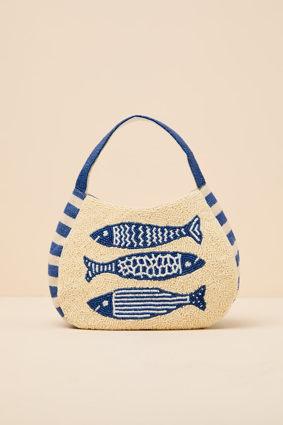 Elba Ivory and Blue Sardine Beaded Handbag 2