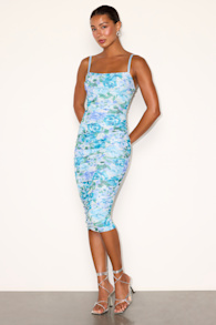 Date Night Beauty Light Blue Floral Print Mesh Ruched Midi Dress 1