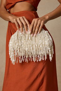 Excellency White Beaded Fringe Crossbody Clutch 1