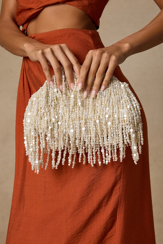 Excellency White Beaded Fringe Crossbody Clutch 1