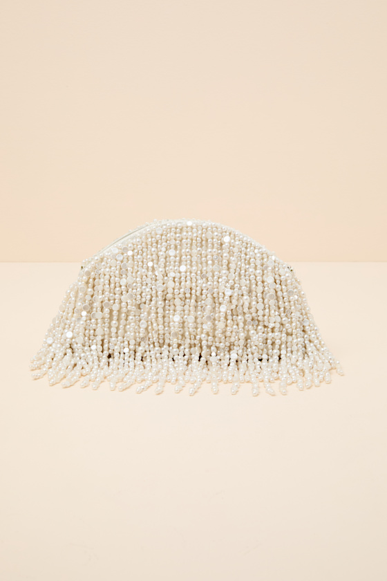 Excellency White Beaded Fringe Crossbody Clutch