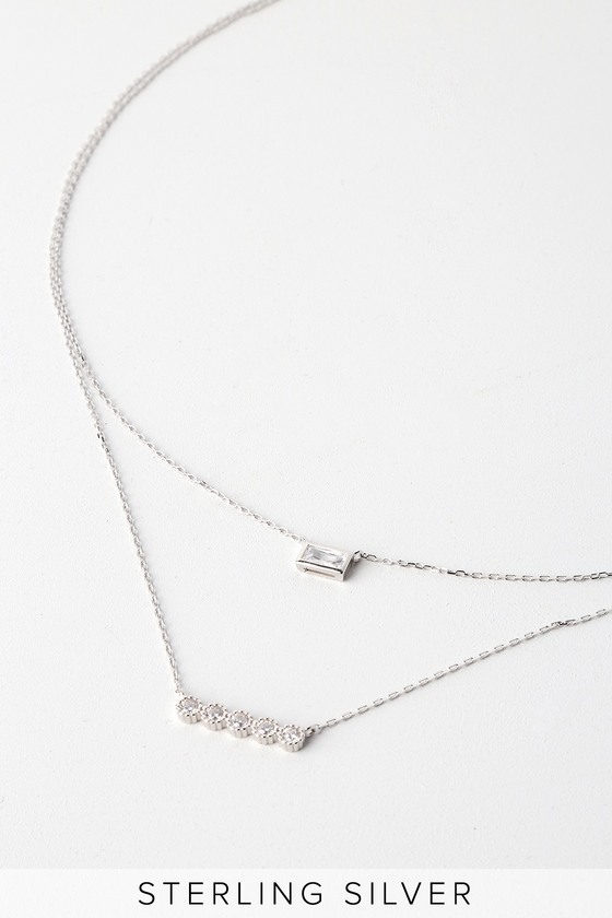 Chic Sterling Silver Necklace - Rhinestone Layered Necklace