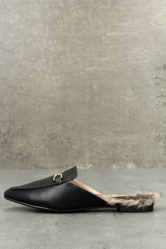 Chic Black Loafer Slides Faux Fur Loafers SlipOn Loafers Lulus