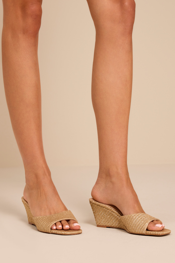 Seleste Gold Raffia Slide Wedge Sandals